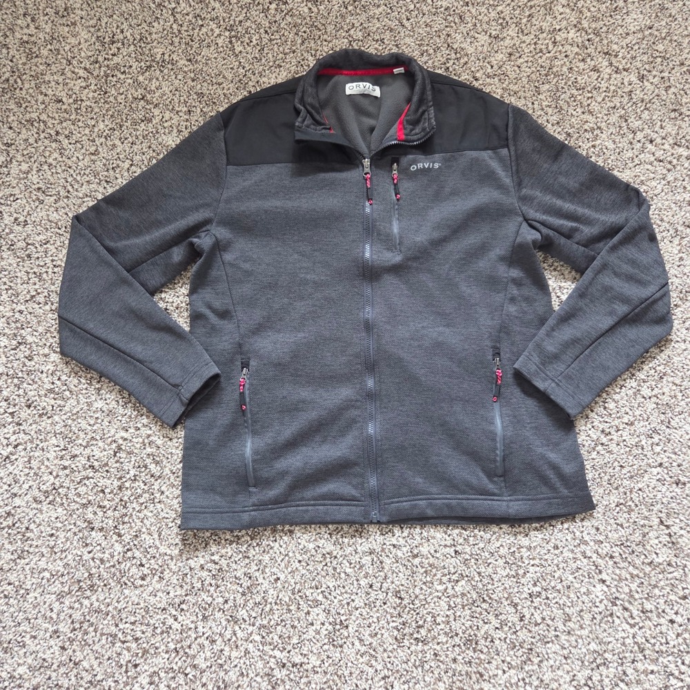Orvis Full Zip Jacket Men Medium Grey Fleece Lined Textured Knit Pockets